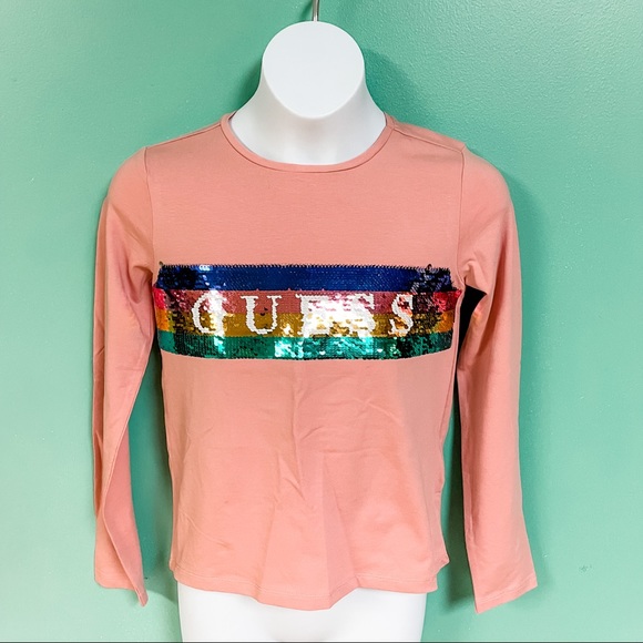 Guess Pink Flip Sequin Long Sleeve Logo Tee Girls Size 10 NWOT - Picture 2 of 8